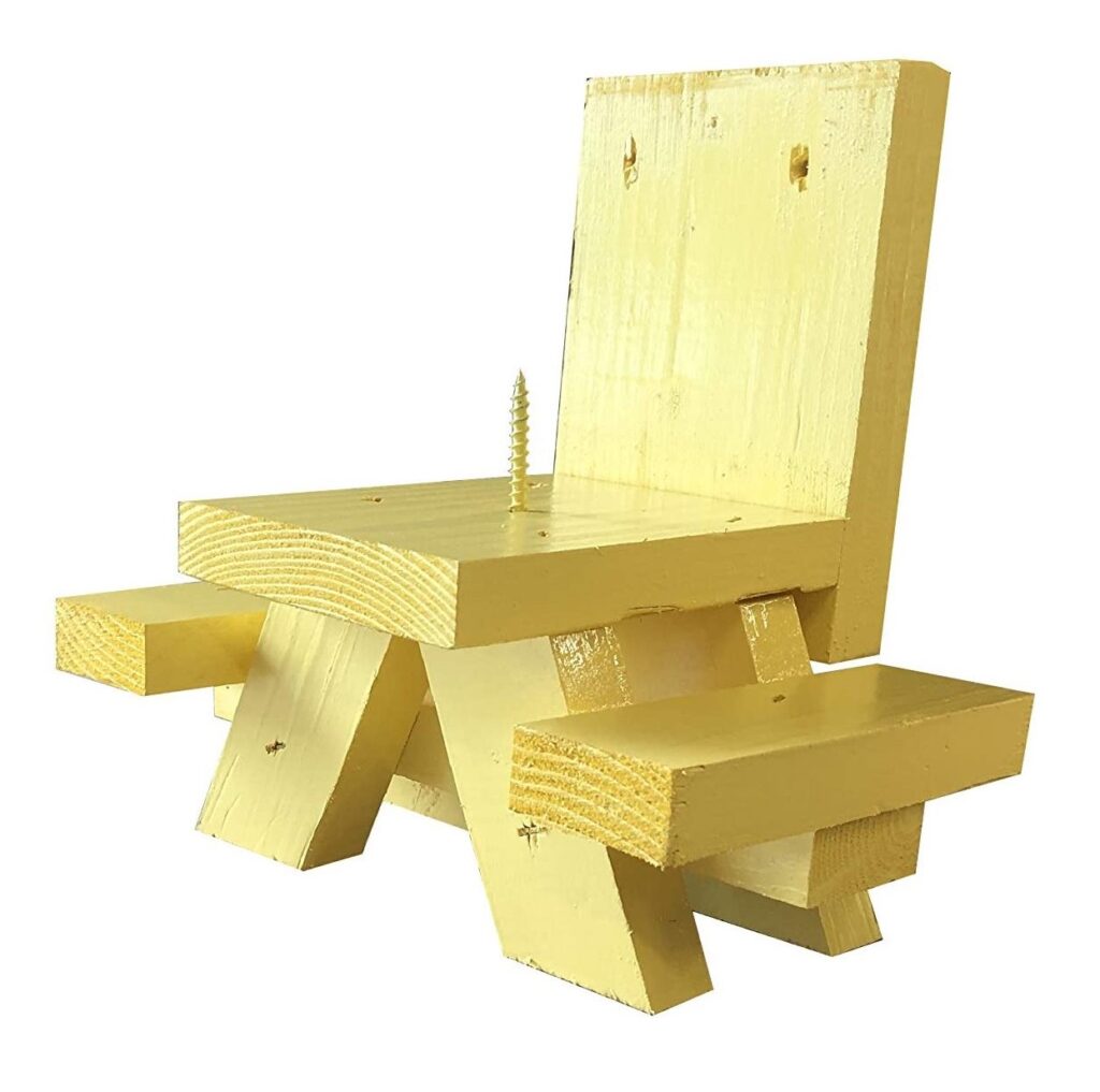 SquirrelSupply.com - Squirrel Feeder Picnic Table – Yellow in Color – Solid Wood - Made in The USA by Local Craftsmen - Bench Feeding for Squirrels - Corn Cob Holder - Includes Screws for Tree Mount