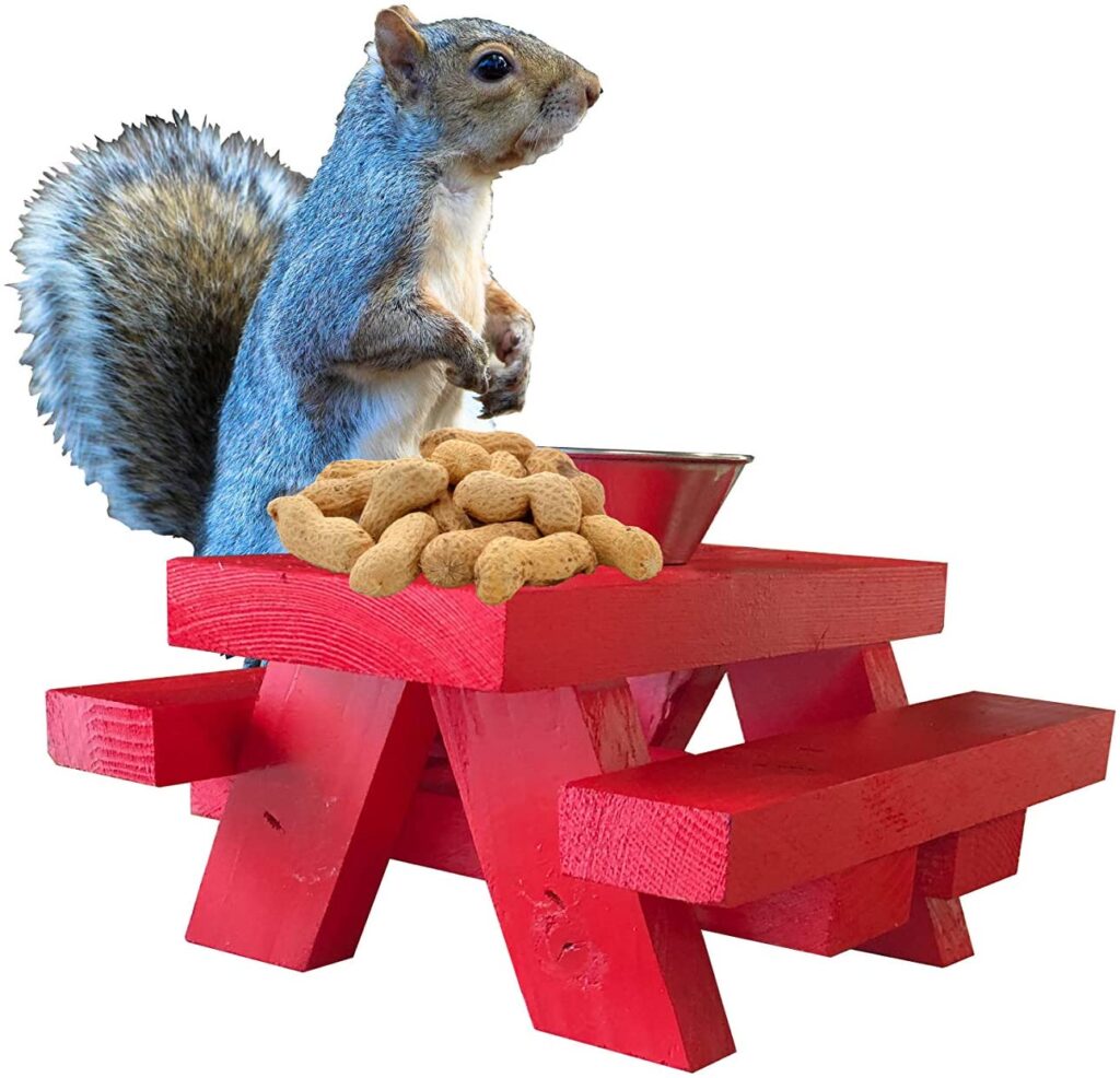 SquirrelSupply.com - Squirrel Feeder Picnic Table with Cup Feed - Red in Color - Floor or Table Top Mount - Hand Made in USA - No Tools Required – Loose Food Feeder for Corn or Seed