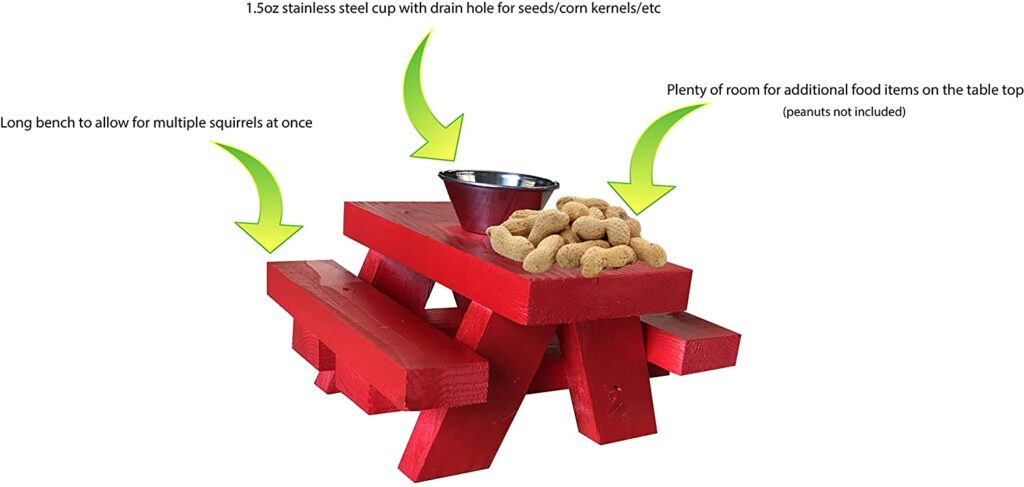 SquirrelSupply.com - Squirrel Feeder Picnic Table with Cup Feed - Red in Color - Floor or Table Top Mount - Hand Made in USA - No Tools Required – Loose Food Feeder for Corn or Seed