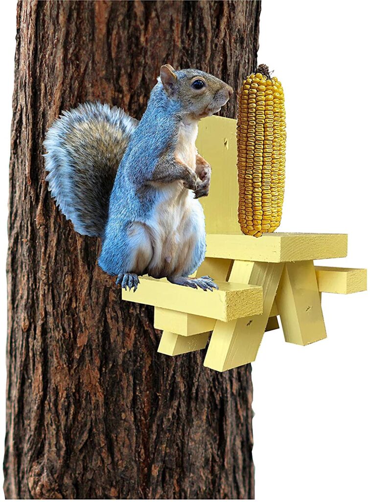 SquirrelSupply.com - Squirrel Feeder Picnic Table – Yellow in Color – Solid Wood - Made in The USA by Local Craftsmen - Bench Feeding for Squirrels - Corn Cob Holder - Includes Screws for Tree Mount