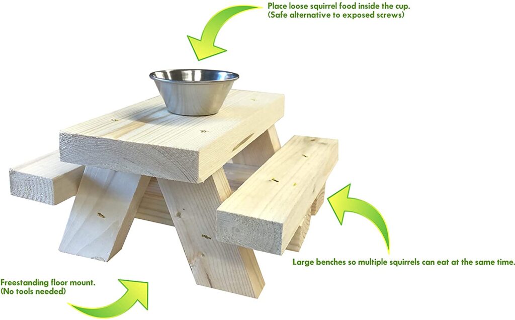 SquirrelSupply.com - Squirrel Feeder Picnic Table with Cup Feed - Floor or Table Top Mount - Hand Made in USA - No Tools Required – Loose Food Feeder for Corn or Seed