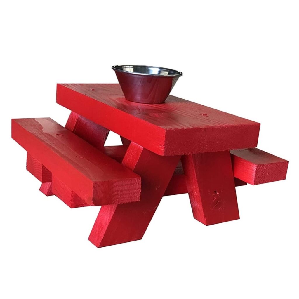 SquirrelSupply.com - Squirrel Feeder Picnic Table with Cup Feed - Red in Color - Floor or Table Top Mount - Hand Made in USA - No Tools Required – Loose Food Feeder for Corn or Seed