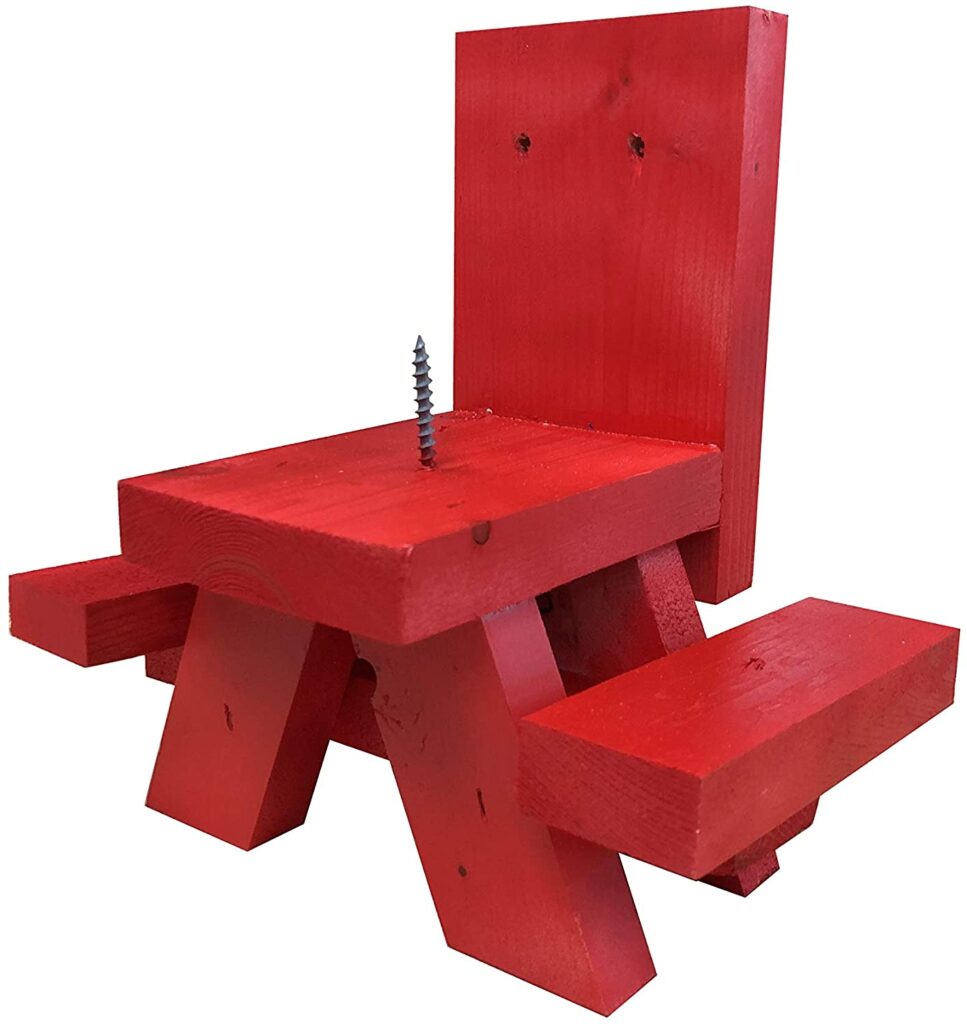 SquirrelSupply.com - Squirrel Feeder Picnic Table – RED in Color - Hand Made in USA – Sealed and Treated Wood - Uses Corn Cob for Fun Squirrel Entertainment