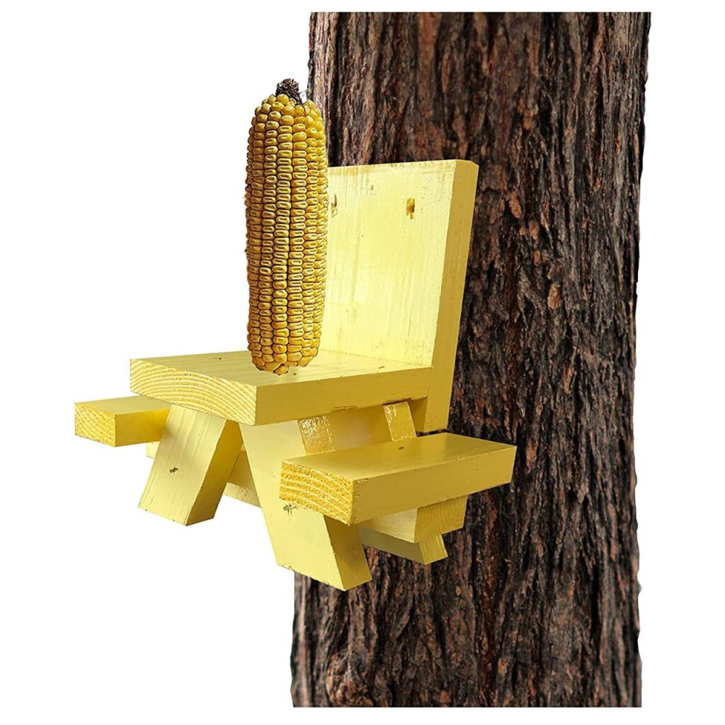 SquirrelSupply.com - Squirrel Feeder Picnic Table – Yellow in Color – Solid Wood - Made in The USA by Local Craftsmen - Bench Feeding for Squirrels - Corn Cob Holder - Includes Screws for Tree Mount