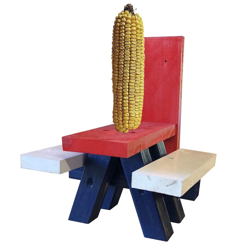 SquirrelSupply.com - Squirrel Picnic Table Feeder – Red White and Blue in Color - Large Size - Made in The USA by Local Craftsmen - Bench Feeding for Squirrels - Corn Cob Holder - Includes Screws for Tree Mount