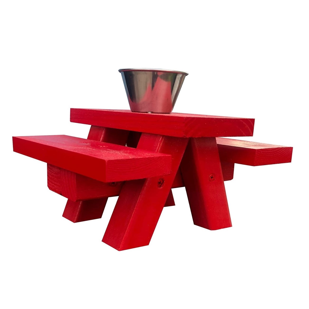SquirrelSupply.com - Squirrel Feeder Picnic Table with Cup Feed - Floor or Table Top Mount - Red - Large Size - Hand Made in USA - No Tools Required