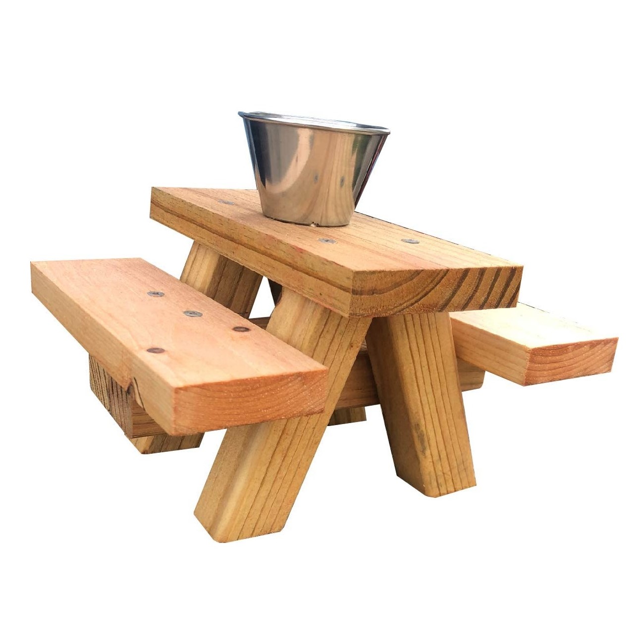SquirrelSupply.com - Squirrel Feeder Picnic Table with Cup Feed - Floor or Table Top Mount - Stained - Large Size - Hand Made in USA - No Tools Required